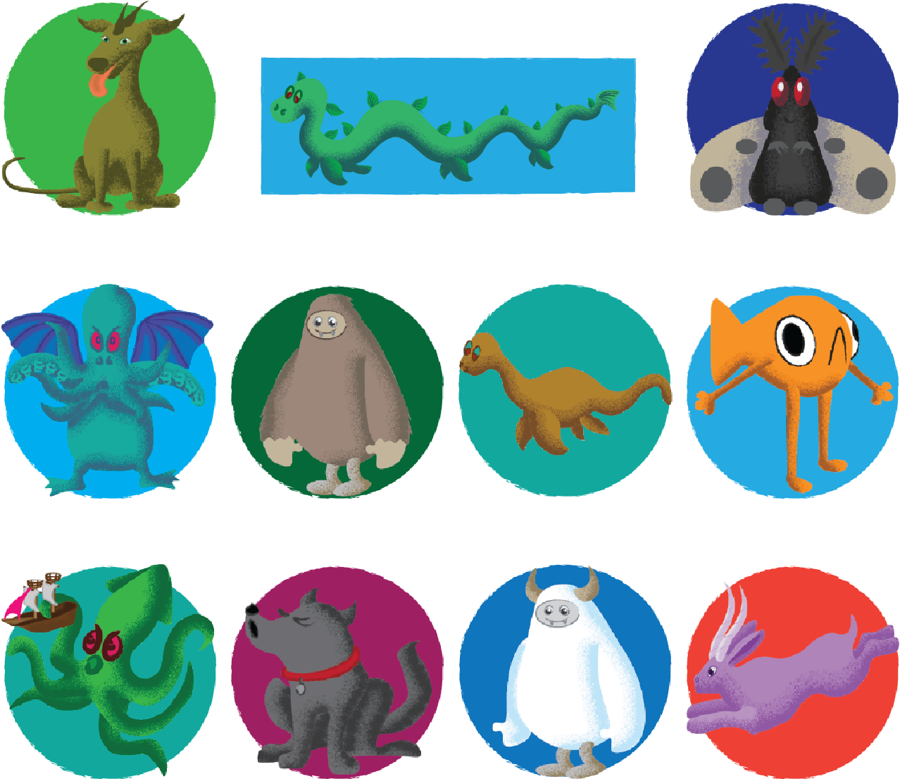 illustration of several different cryptids